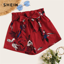 Load image into Gallery viewer, SHEIN Red Paperbag Waist Floral Print Shorts With Belt Women 2019 Summer Bottoms High Waist Wide Leg Bohemian Vacation Shorts