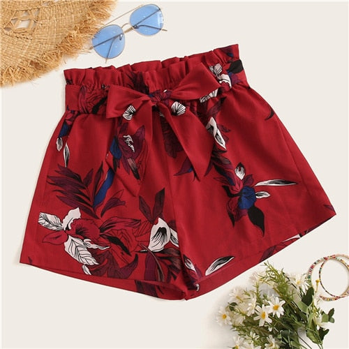 SHEIN Red Paperbag Waist Floral Print Shorts With Belt Women 2019 Summer Bottoms High Waist Wide Leg Bohemian Vacation Shorts