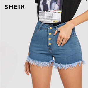 SHEIN Blue Solid Frayed Edge Button Fly Double Pocket