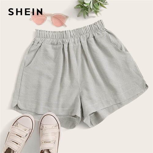 SHEIN Elastic Waist Double Pockets Striped Casual Shorts