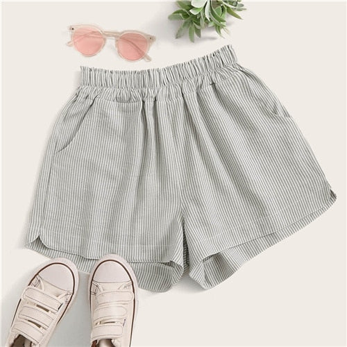 SHEIN Elastic Waist Double Pockets Striped Casual Shorts