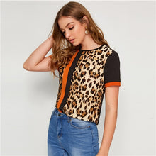 Load image into Gallery viewer, SHEIN Color Block Cut-and-Sew Leopard Panel Top Short Sleeve