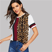 Load image into Gallery viewer, SHEIN Color Block Cut-and-Sew Leopard Panel Top Short Sleeve