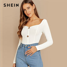 Load image into Gallery viewer, SHEIN Office Lady Button Front Ribbed Knit  Deep V Neck Pullovers Tee Autumn Modern Lady Workwear Women Tshirt Top