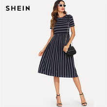 Load image into Gallery viewer, SHEIN Navy Elegant Round Neck Short Sleeve Mixed Stripe Natural Waist Smock Dress Summer Women Weekend Casual Dresses