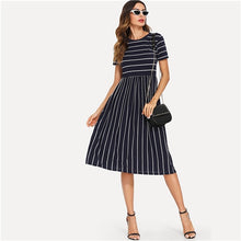 Load image into Gallery viewer, SHEIN Navy Elegant Round Neck Short Sleeve Mixed Stripe Natural Waist Smock Dress Summer Women Weekend Casual Dresses