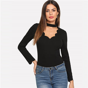 SHEIN Black Workwear Elegant Scallop Trim Solid V Neck