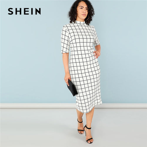 SHEIN Elegant Plaid Bodycon Plus Size Long Pencil Dresses Womens