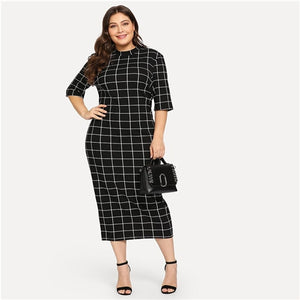 SHEIN Elegant Plaid Bodycon Plus Size Long Pencil Dresses Womens