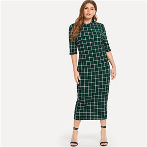 SHEIN Elegant Plaid Bodycon Plus Size Long Pencil Dresses Womens