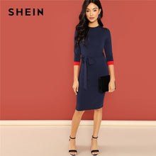 Load image into Gallery viewer, SHEIN Navy Office Lady Colorblock Belted 3/4 Sleeve Pencil Dress