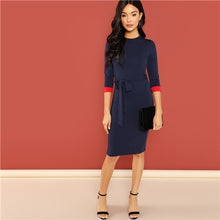 Load image into Gallery viewer, SHEIN Navy Office Lady Colorblock Belted 3/4 Sleeve Pencil Dress