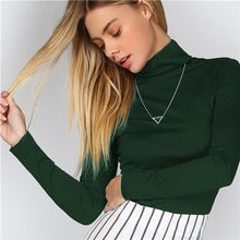 Load image into Gallery viewer, SHEIN Green Office Lady Solid Turtleneck Long Sleeve Slim Fit Elegant Tee Autumn Women Workwear Casual Women Tshirt Top