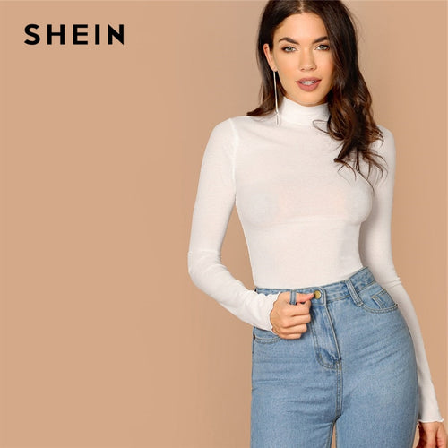 SHEIN White Basic Office Lady Solid Mock Neck Lettuce Trim Long Sleeve Skinny Pullovers Tee Autumn Casual Women Tshirt Top