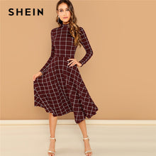 Load image into Gallery viewer, SHEIN Burgundy Elegant Office Lady Plaid Print High Neck Fit And Flare Long Sleeve Dress Autumn Workwear Fashion Women Dresses