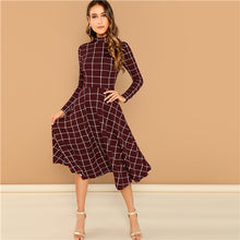 Load image into Gallery viewer, SHEIN Burgundy Elegant Office Lady Plaid Print High Neck Fit And Flare Long Sleeve Dress Autumn Workwear Fashion Women Dresses