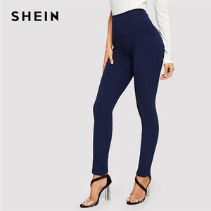 SHEIN Blue Pocket Side Solid Textured Elastic Waist Skinny Pants 2019 Casual Spring Women Mid Waist Tapered/Carrot Pants