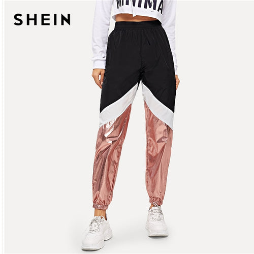 SHEIN Multicolor Color-block Contrast Metallic 100% Nylon Pants 2019 Spring Women Modern Lady Elegant Tapered/Carrot Pants