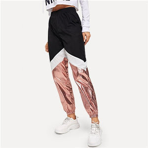 SHEIN Multicolor Color-block Contrast Metallic 100% Nylon Pants 2019 Spring Women Modern Lady Elegant Tapered/Carrot Pants