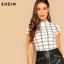 Load image into Gallery viewer, SHEIN Black and White Plaid Peplum Stand Collar Belted Top