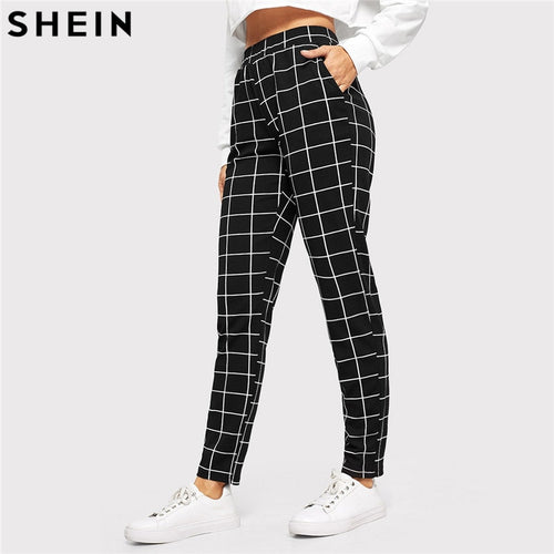 SHEIN Black Plaid Mid Waist Skinny Carrot Trousers Autumn