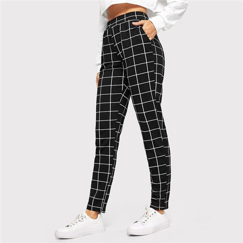 SHEIN Black Plaid Mid Waist Skinny Carrot Trousers Autumn