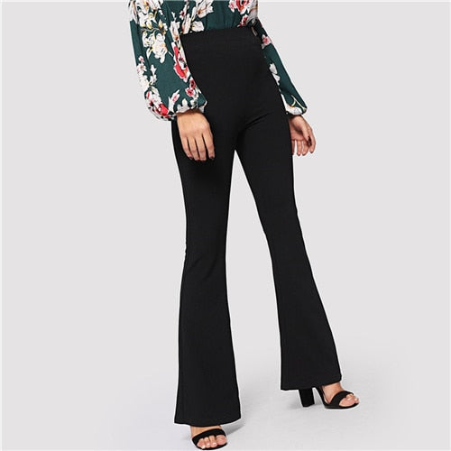 SHEIN Black Elegant Office Lady Elastic Waist Flare Hem Pants