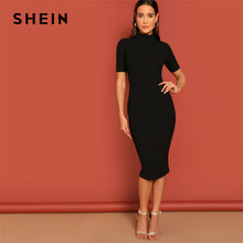 Load image into Gallery viewer, SHEIN Black Mock Neck Rib-knit Pencil Stretchy Knee Length Bodycon Dress Solid Dress Women 2019 Spring Short Sleeve Casual Dress