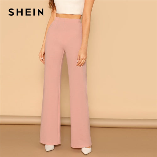 SHEIN Pink Elastic High Waist Straight Leg Solid Long Pants Women Trousers Office Lady Spring Elegant Workwear Wide Leg Pants