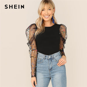 SHEIN Black Colorful Dot Puff Shoulder Mesh Gigot Sleeve Skinny Tee O-Neck T Shirt Women Spring Slim Fit Party Club Tshirt Tops