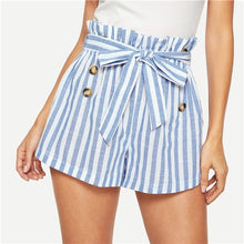 Load image into Gallery viewer, SHEIN Blue or Green Paper-bag Pleated Waist Buttoned Belt Knot Striped Shorts Women Summer Highstreet Preppy Casual Mini Shorts