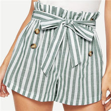 Load image into Gallery viewer, SHEIN Blue or Green Paper-bag Pleated Waist Buttoned Belt Knot Striped Shorts Women Summer Highstreet Preppy Casual Mini Shorts