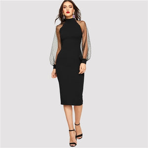 SHEIN Party Black or Blue Pencil Bodycon Dress With Jacquard Contrast Mesh Lantern Sleeve Spring Women Long Sleeve Solid Dresses