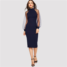 Load image into Gallery viewer, SHEIN Party Black or Blue Pencil Bodycon Dress With Jacquard Contrast Mesh Lantern Sleeve Spring Women Long Sleeve Solid Dresses