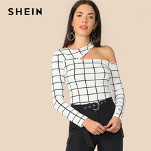 Load image into Gallery viewer, SHEIN Sexy Black and White Asymmetric Cutout Neck Grid Fitted Plaid Tee 2019 Spring Round Neck Modern Lady Women Top Tees