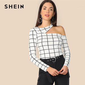 SHEIN Sexy Black and White Asymmetric Cutout Neck Grid Fitted Plaid Tee 2019 Spring Round Neck Modern Lady Women Top Tees