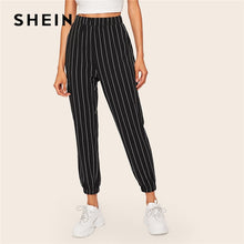 Load image into Gallery viewer, SHEIN Slant Pocket Vertical Striped Pants Women Spring Casual Elastic Waist Trousers Black Regular Mid Waist Streetwear Pants