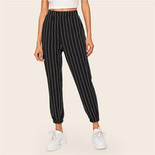 Load image into Gallery viewer, SHEIN Slant Pocket Vertical Striped Pants Women Spring Casual Elastic Waist Trousers Black Regular Mid Waist Streetwear Pants