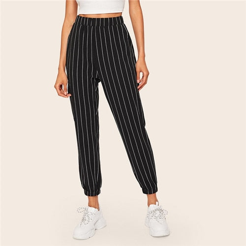 SHEIN Slant Pocket Vertical Striped Pants Women Spring Casual Elastic Waist Trousers Black Regular Mid Waist Streetwear Pants