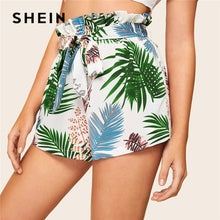 Load image into Gallery viewer, SHEIN Paperbag Waist Tropical Print Summer Shorts Women Beach Vacation High Waist Shorts 2019 Boho Belted Frill Trim Shorts