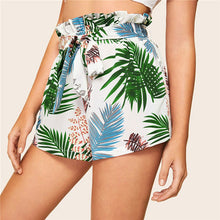 Load image into Gallery viewer, SHEIN Paperbag Waist Tropical Print Summer Shorts Women Beach Vacation High Waist Shorts 2019 Boho Belted Frill Trim Shorts