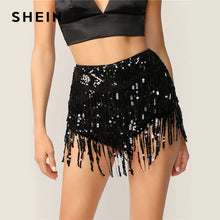 Load image into Gallery viewer, SHEIN Glamorous Black Exposed Zip Back Fringe Sequin High Waist Shorts Women Summer Autumn Solid Highstreet Skinny Sexy Shorts