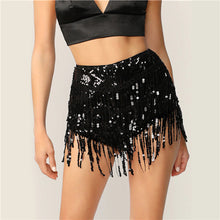 Load image into Gallery viewer, SHEIN Glamorous Black Exposed Zip Back Fringe Sequin High Waist Shorts Women Summer Autumn Solid Highstreet Skinny Sexy Shorts