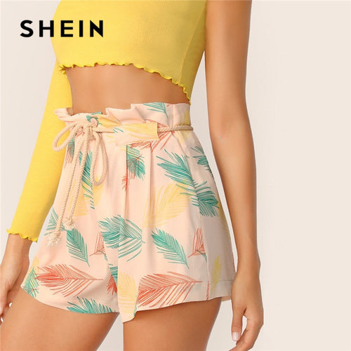 SHEIN Leaves Print Paperbag Waist Shorts Women Boho Beach Vacation High Waist Shorts Casual Button Fly Regular Summer Shorts