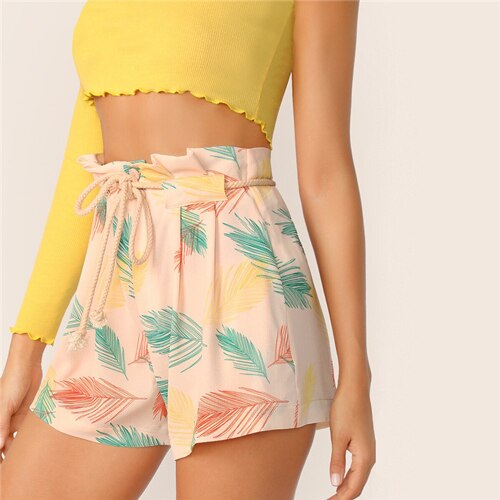 SHEIN Leaves Print Paperbag Waist Shorts Women Boho Beach Vacation High Waist Shorts Casual Button Fly Regular Summer Shorts