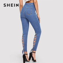 Load image into Gallery viewer, SHEIN Blue Zip Fly Lace Up Crisscross Knot Skinny Jeans Woman