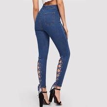 Load image into Gallery viewer, SHEIN Blue Zip Fly Lace Up Crisscross Knot Skinny Jeans Woman