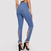 Load image into Gallery viewer, SHEIN Blue Zip Fly Lace Up Crisscross Knot Skinny Jeans Woman