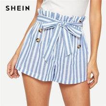 Load image into Gallery viewer, SHEIN Blue or Green Paper-bag Pleated Waist Buttoned Belt Knot Striped Shorts Women Summer Highstreet Preppy Casual Mini Shorts