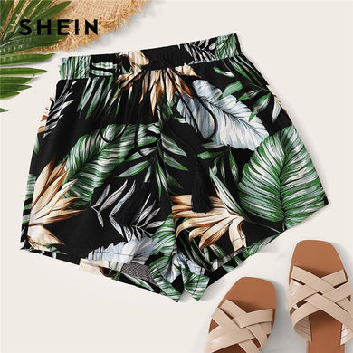 SHEIN Tropical Print Tassel Drawstring Waist Shorts Women